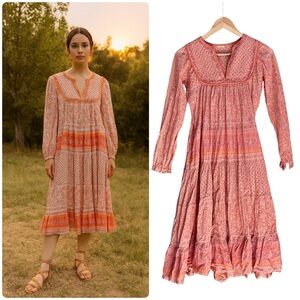 Matta Nitika Nima Quilted Midi Dress Pink Coral Long Sleeves Boho Modest Sz XS